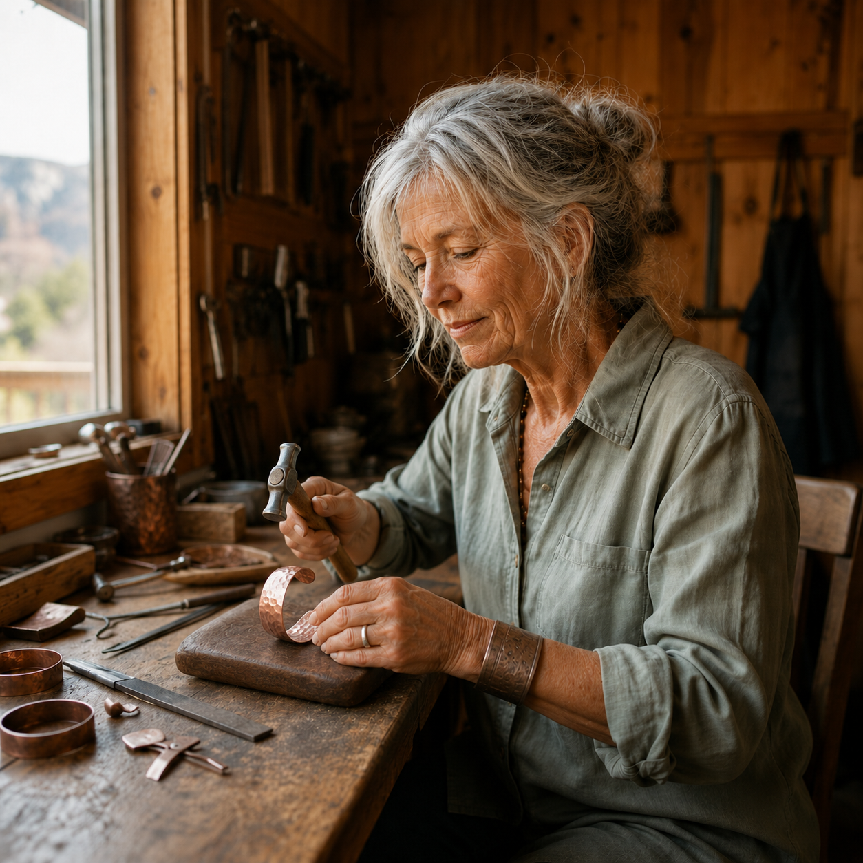 Della hand-hammering a copper cuff at her workshop bench
