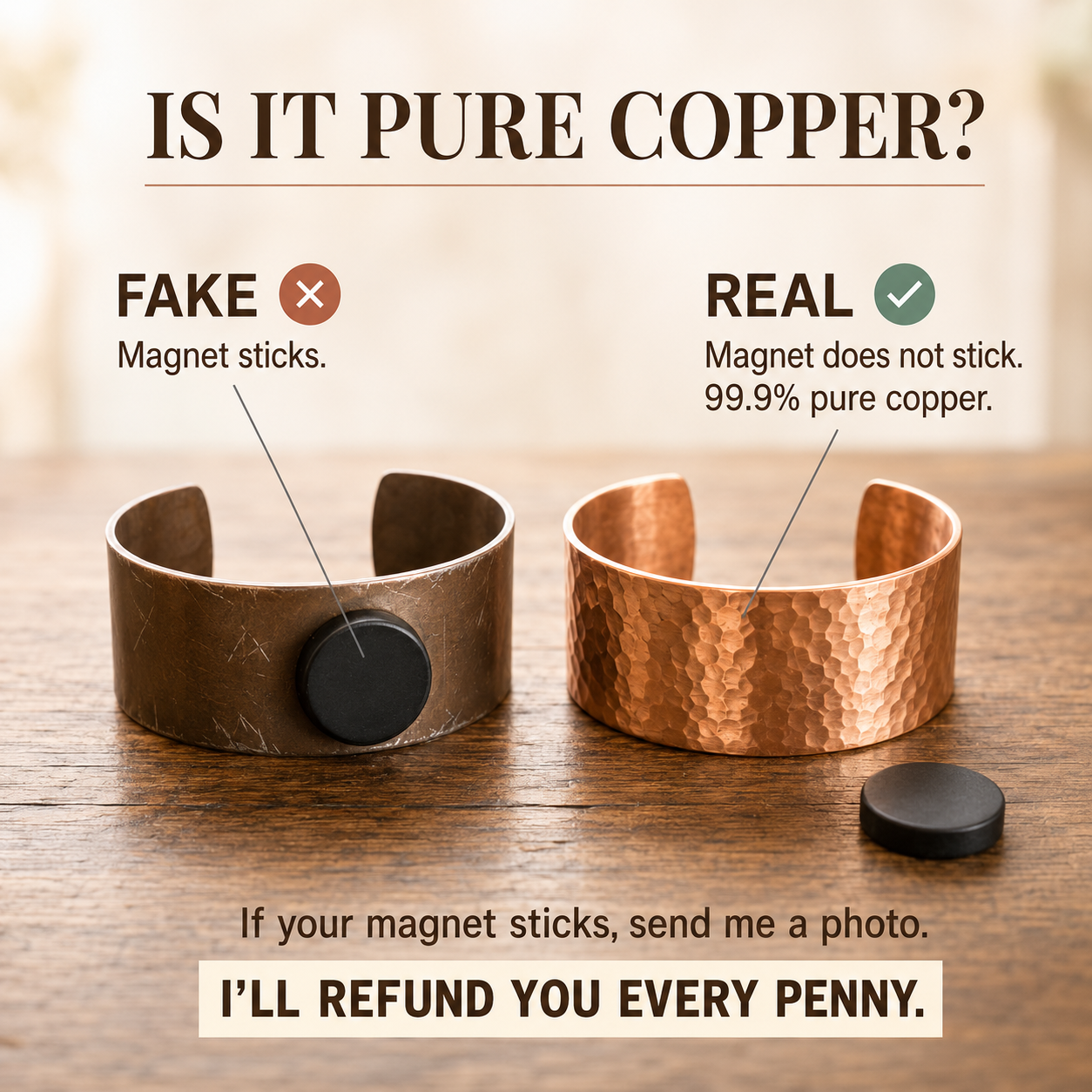 Magnet test proving Della's bracelet is 99.9% pure copper, not plated